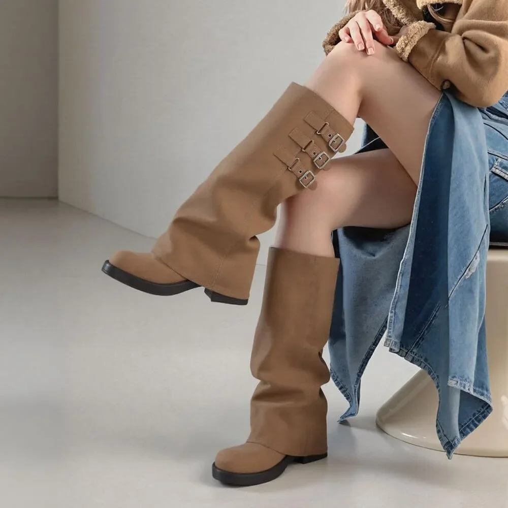 Women's Taupe Fall Slouchy Fold Over Tall Boots Motorcycle Zipper Fashion Buckle